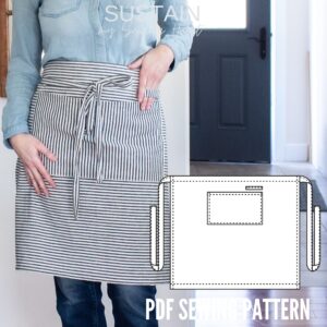 woman wearing half apron with technical sketch of apron and text overlay