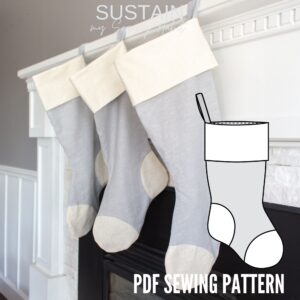image with stockings hanging on mantel with technical sketch of stocking and text overlay